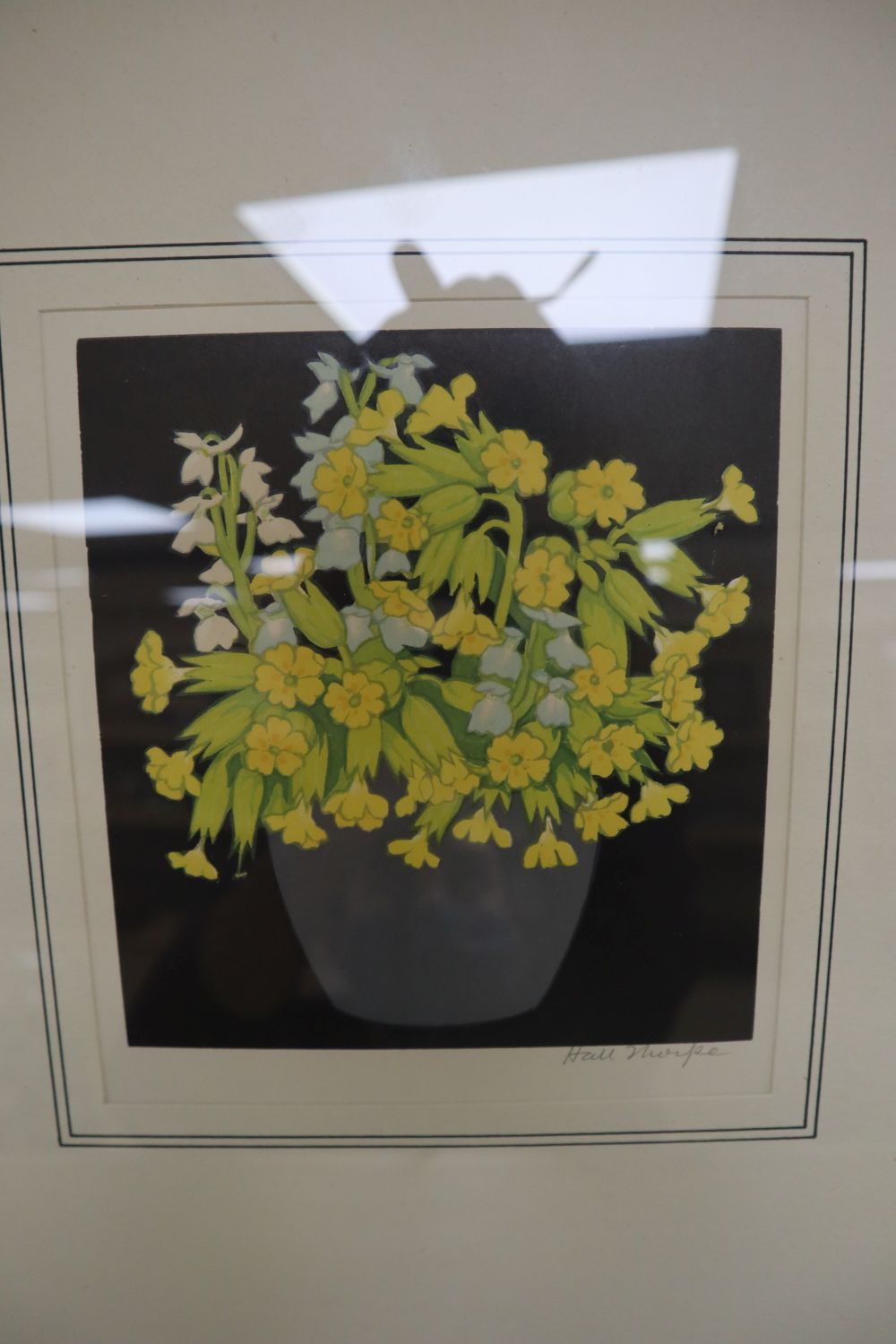 Eric Hall Thorpe, colour woodcut, Spring flowers in a vase, signed, 18.5 x 16.5cm